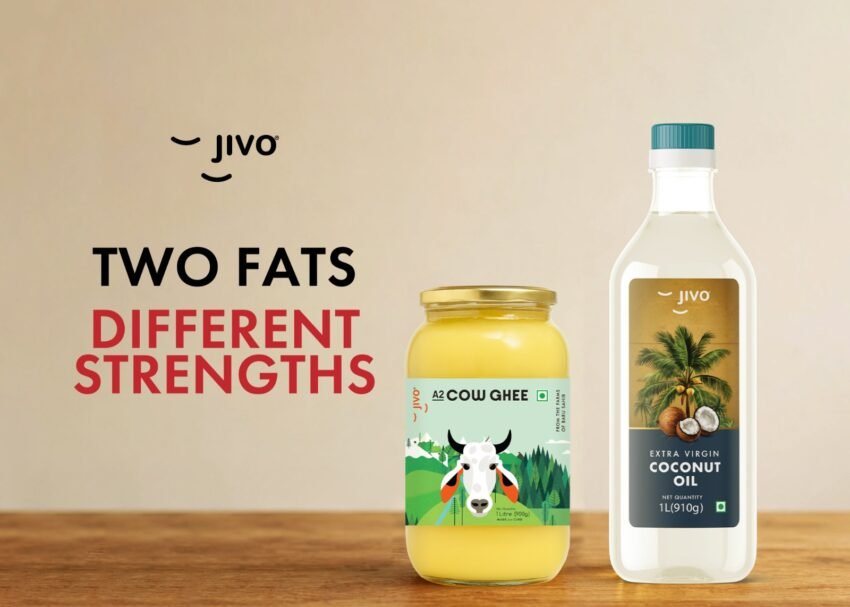 Best ghee and extra virgin coconut oil in India displayed together on a kitchen table